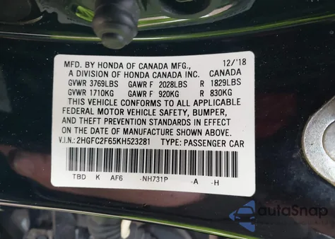 2019 Honda Civic Lx from USA, damaged, VIN 2HGFC2F65KH523281